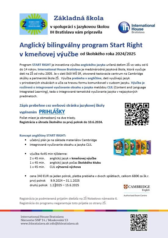 Anglický bilingválny program Start Right v kmeňovej výučbe od školského roka 2024/2025 - Obrázok 1