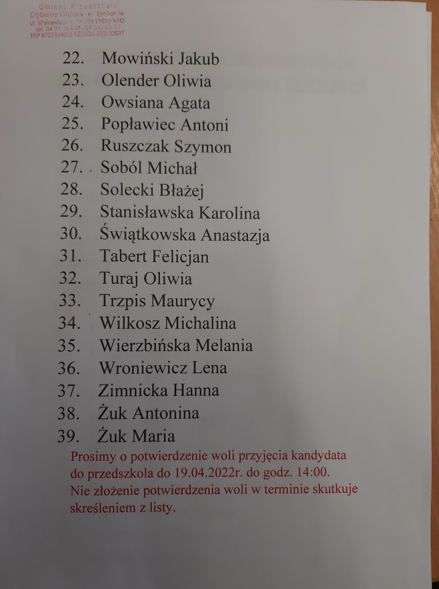 Lista dzieci zakwalifikowanych do przedszkola na rok szkolny 2022/2023 - Obrazek 2