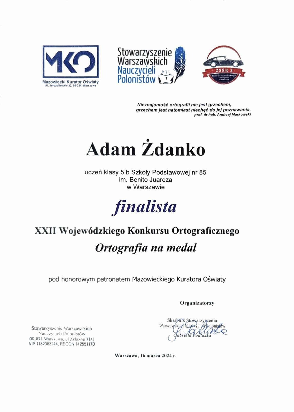 Adam Żdanko - finalistą XXII Konkursu Ortograficznego - Obrazek 4
