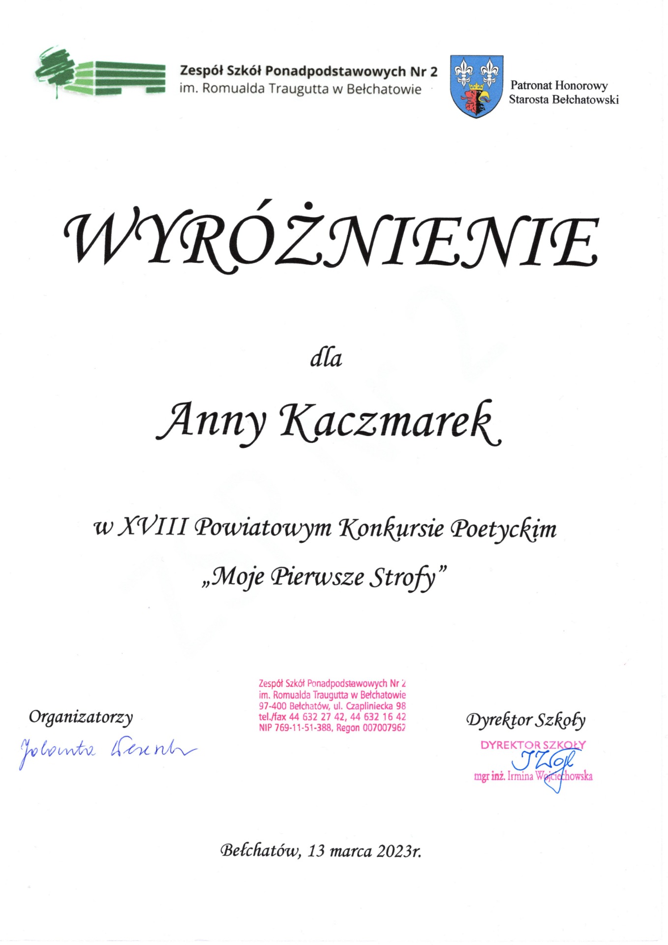 Wyróżnienie dla Anny Kaczmarek w XVIII Powiatowym Konkursie Poetyckim "Moje pierwsze strofy"
