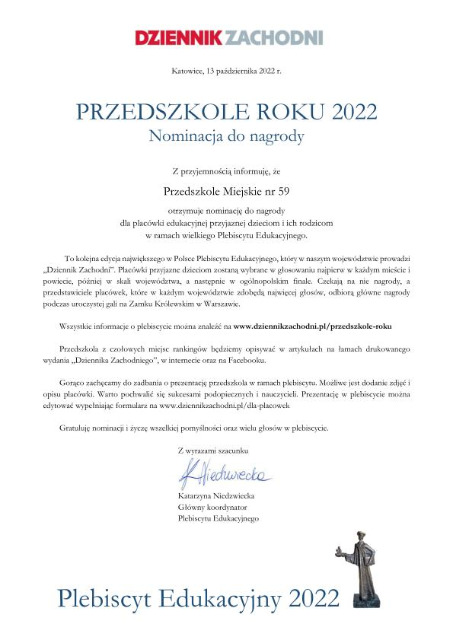 Nominacja do nagrody PRZEDSZKOLE ROKU 2022 i NAUCZYCIEL ROKU 2022 - Obrazek 1
