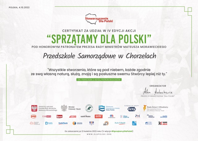 Certyfikat za czynny udział przedszkolaków w akcji #SprzątamyDlaPolski - Obrazek 1