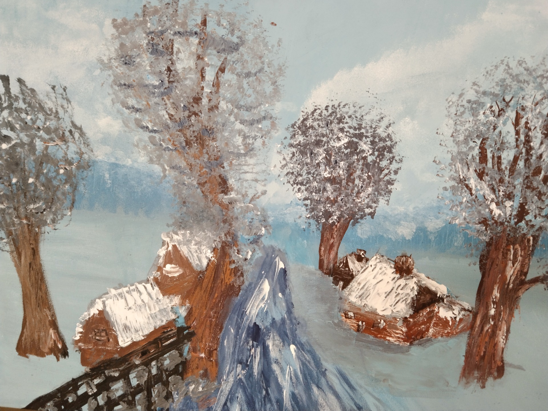 obraz malowany akrylami na płótnie przedstawiający pejzaż zimowy na wsi