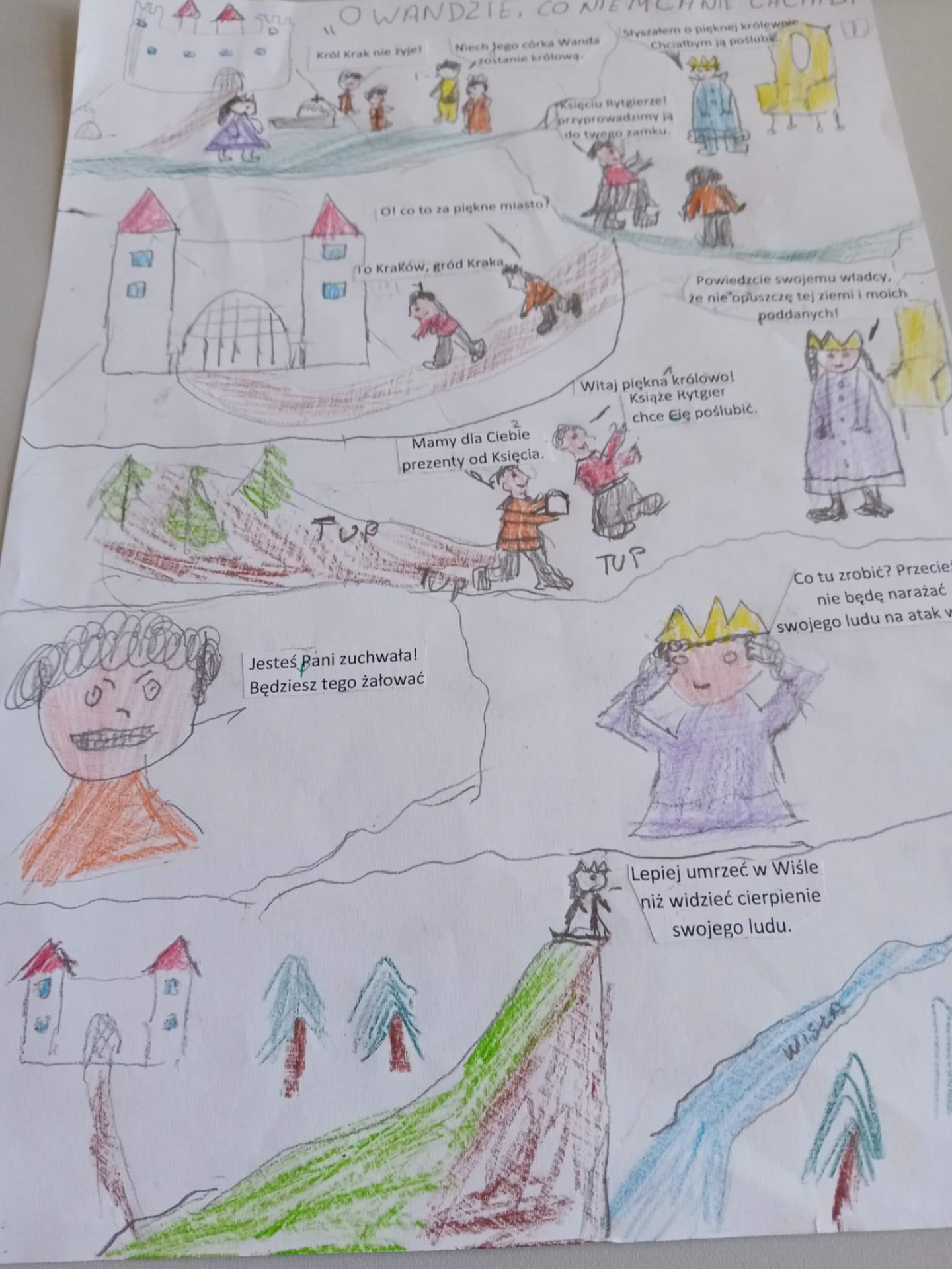 Uczniowie klasy 5 tworzyli na lekcjach języka polskiego komiksy o Wandzie, co nie chciała Niemca 👏❤️👏 - Obrazek 3