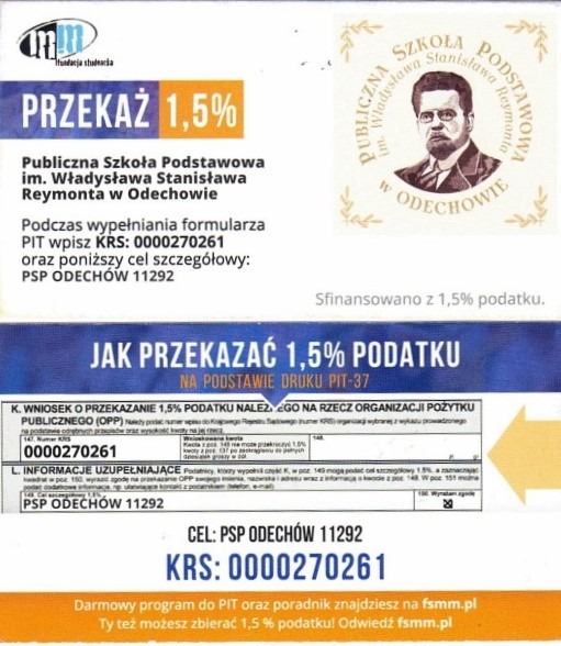 Grafika przedstawia informacje w jaki sposób przekazać 1,5% podatku dla PSP w Odechowie