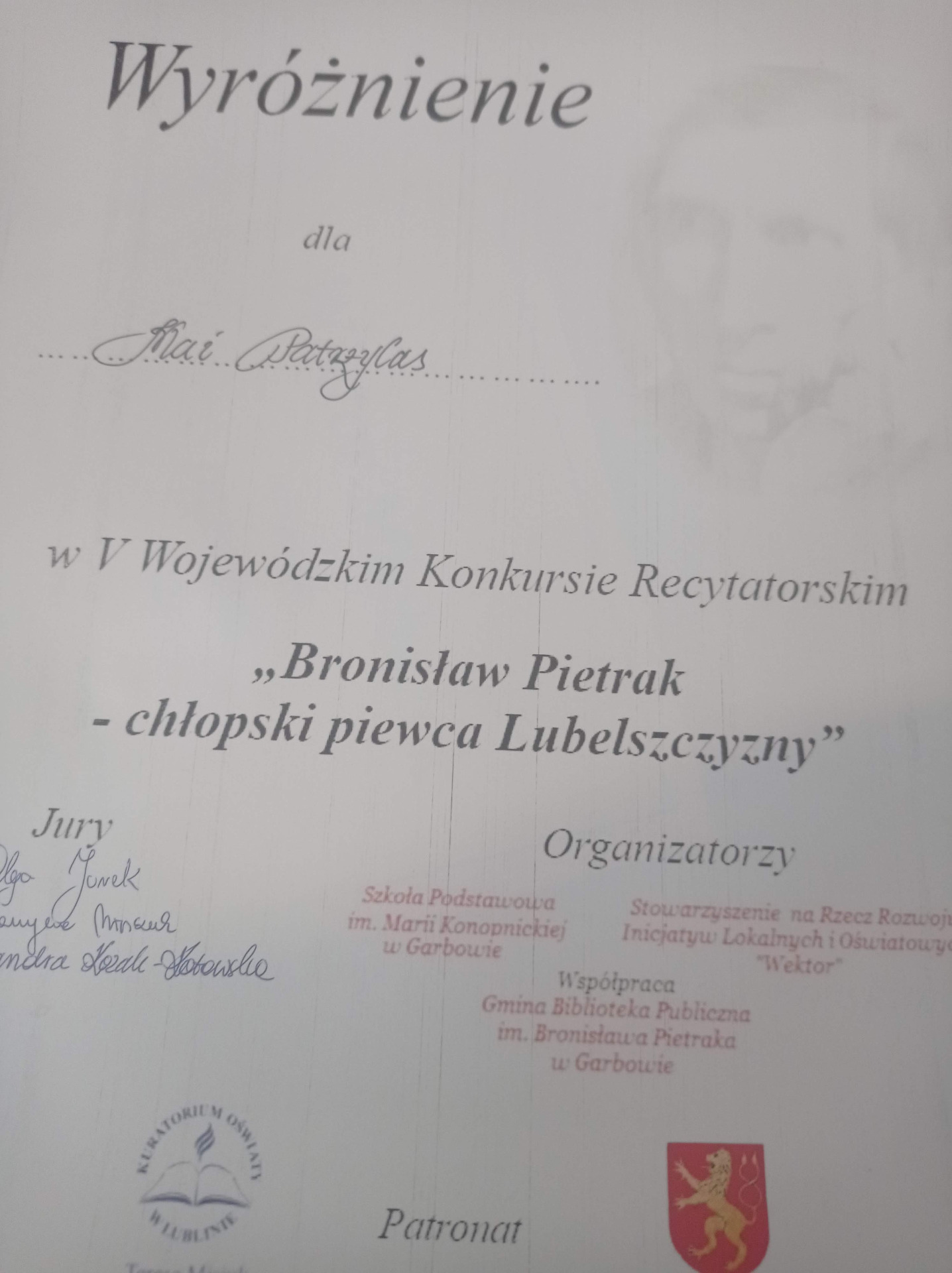 V Wojewódzki Konkurs Recytatorski ,,Bronisław Pietrak-chłopski piewca Lubelszczyzny" - Obrazek 4
