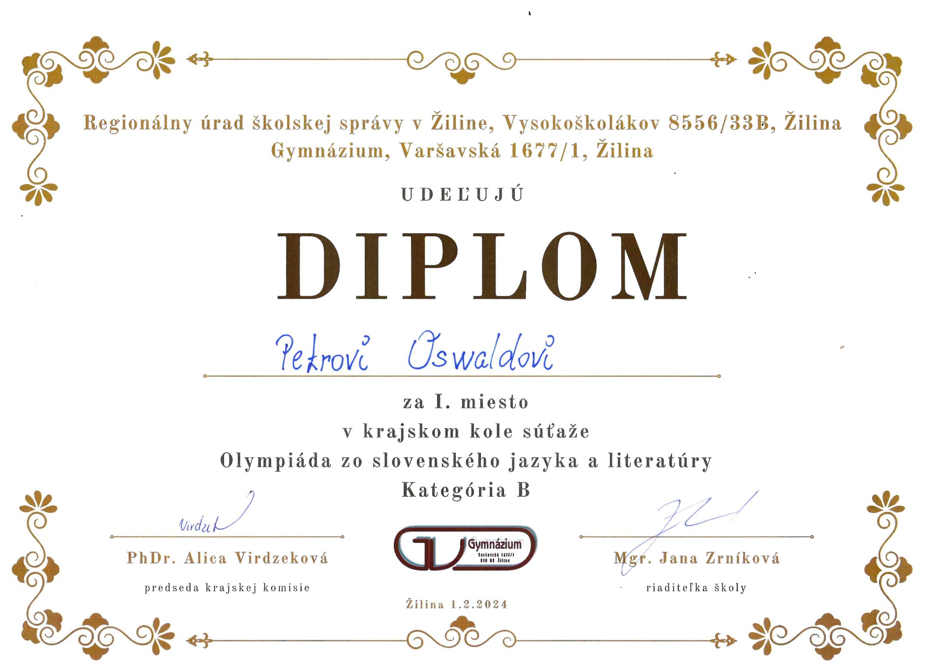 1.miesto v krajskom kole Olympiády zo slovenského jazyka a literatúry - Obrázok 1