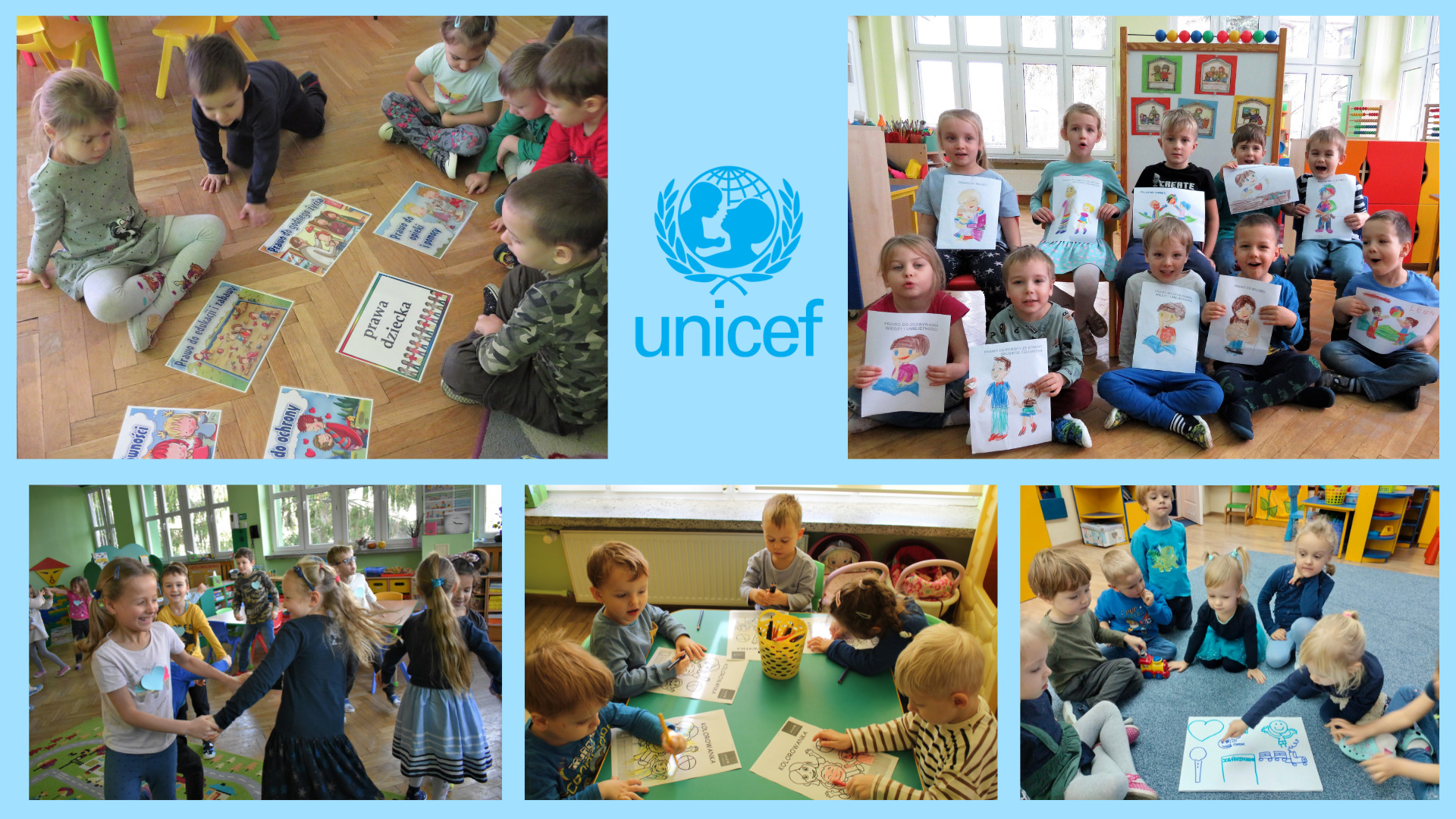 Plakat ukazujący różne aktywności podejmowane przez przedszkolaków np. taniec, śpiew, prace plastyczne, oglądanie filmików, układanie obrazków na temat Międzynarodowego Dnia Praw Dziecka.